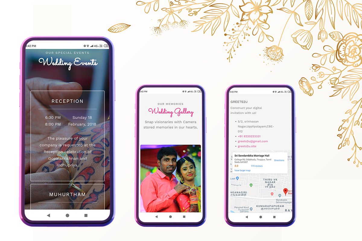 Discover Coimbatore's best website invitations at Greets2u, offering a modern and interactive way to invite guests to weddings, engagements, baby showers, birthdays, and more. Our customizable website invitations provide all event details in one convenient digital space, ensuring a memorable and seamless experience for your guests.